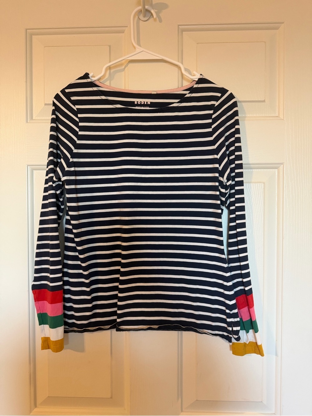 Boden Striped Long Sleeve Top with Colorblock Cuffs - size 8